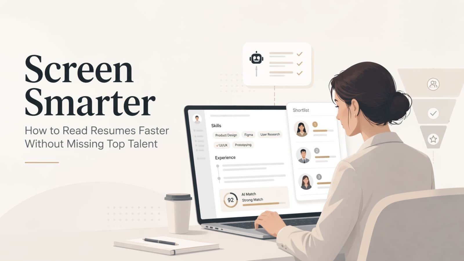 Illustration of a recruiter reviewing ranked candidate shortlists on a laptop, titled Screen Smarter — How to Read Resumes Faster Without Missing Top Talent.