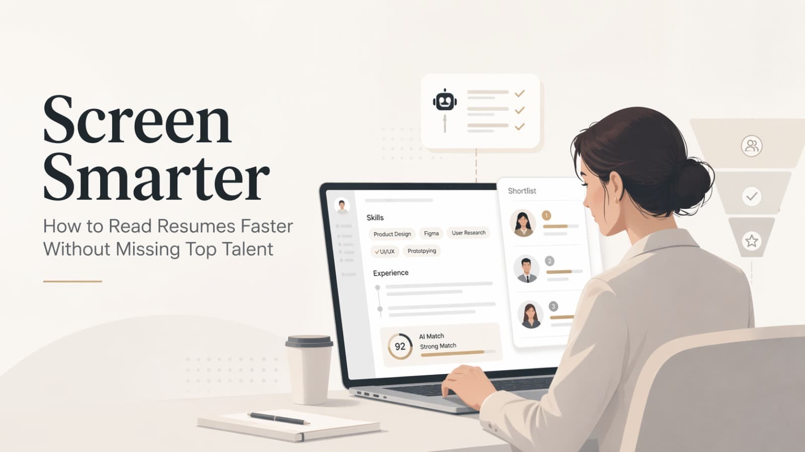 Illustration of a recruiter reviewing ranked candidate shortlists on a laptop, titled Screen Smarter — How to Read Resumes Faster Without Missing Top Talent.