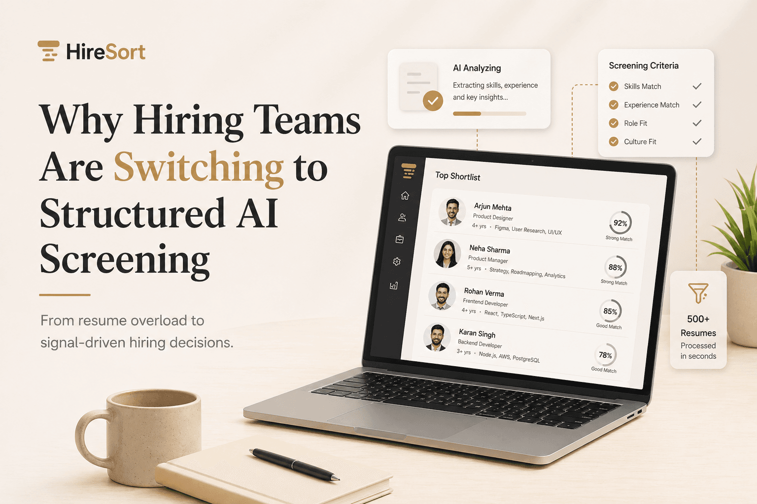Illustration of AI ranking candidates into a shortlist while recruiters review structured scorecards.