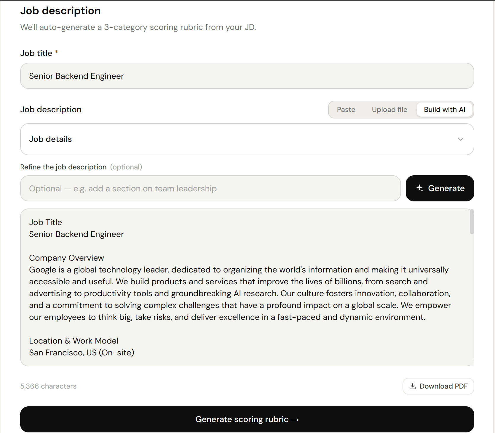 HireSort AI job description generation screen