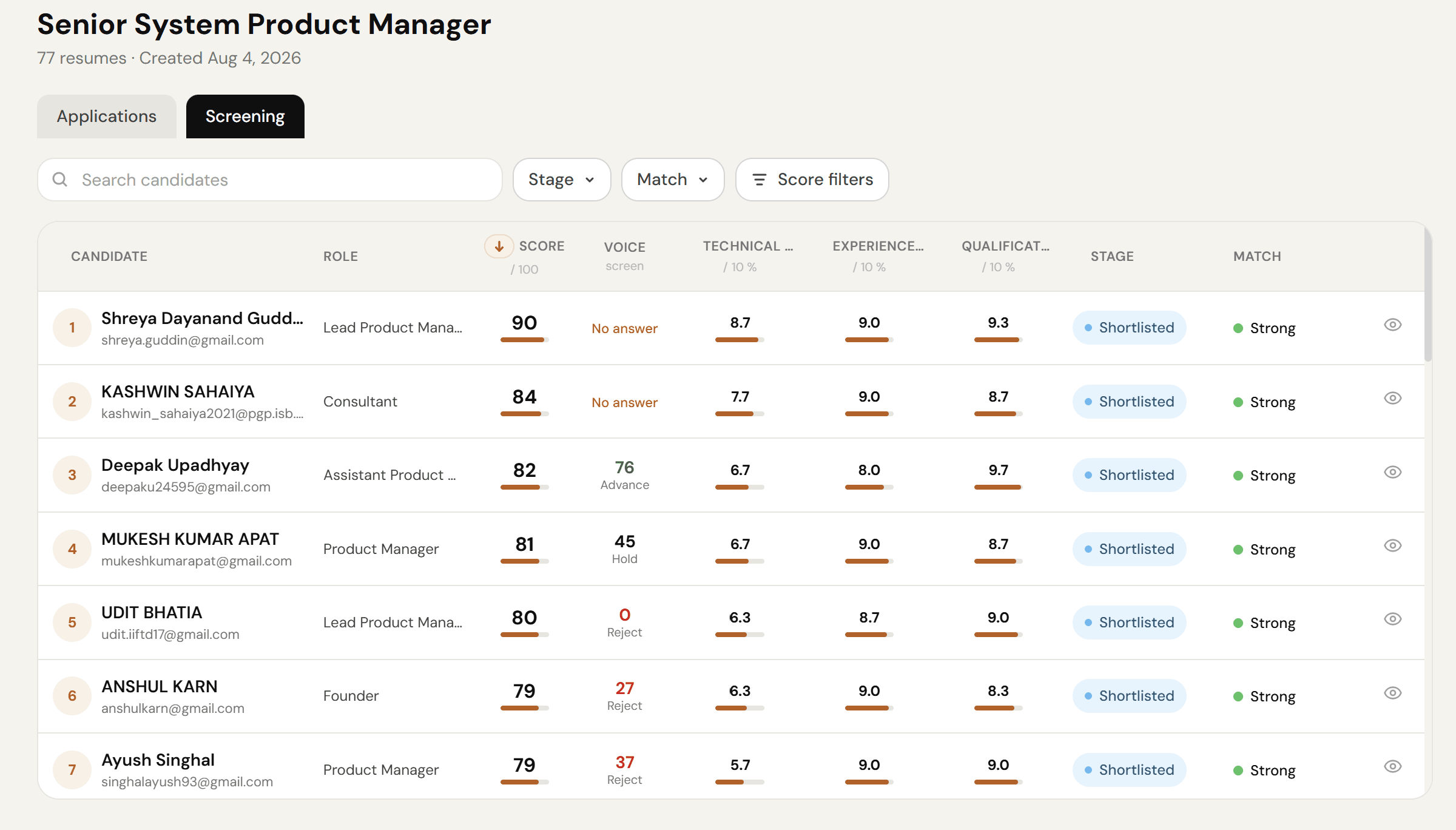 HireSort AI resume screening table with ranked candidates