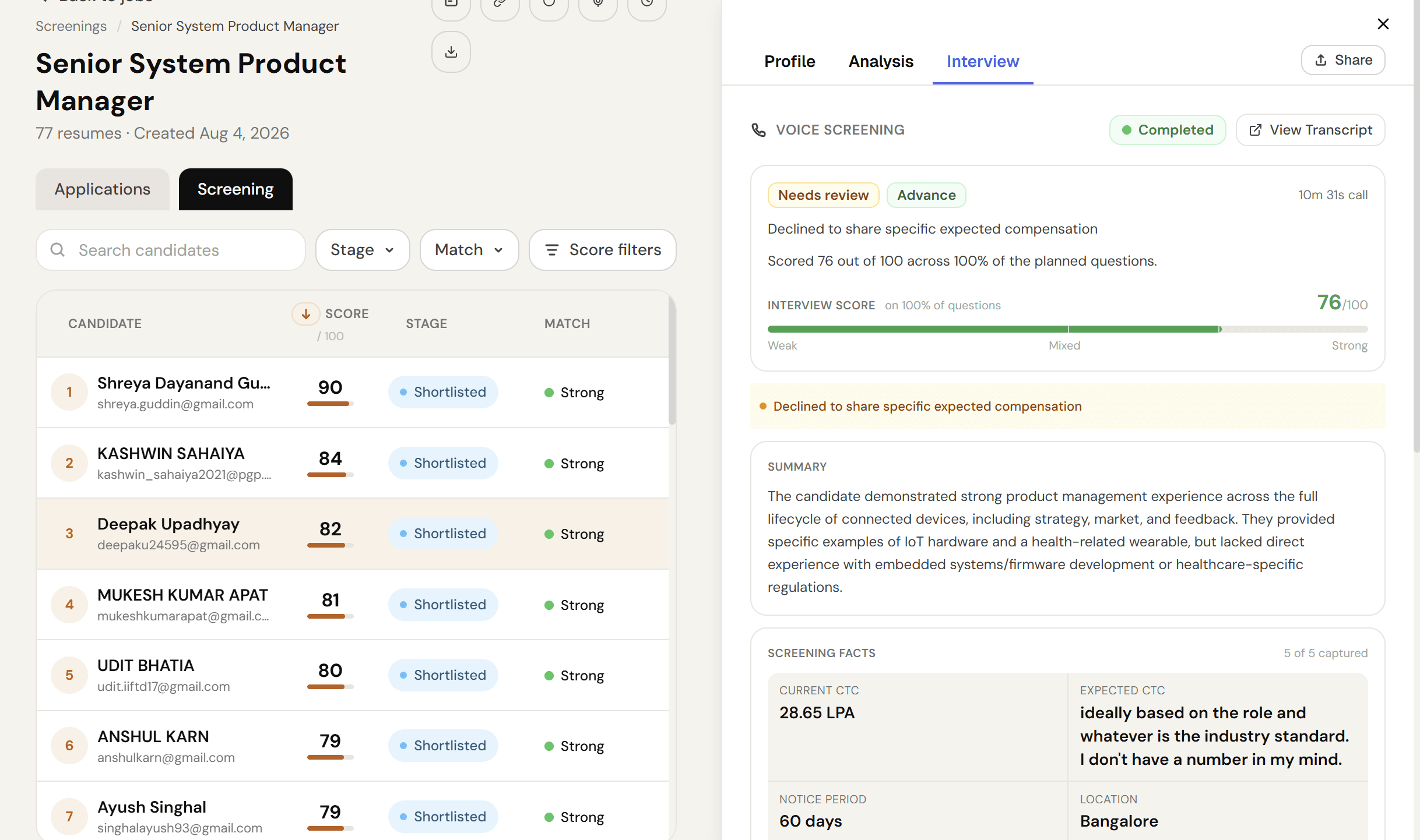 HireSort AI voice screening analysis with interview score and screening facts