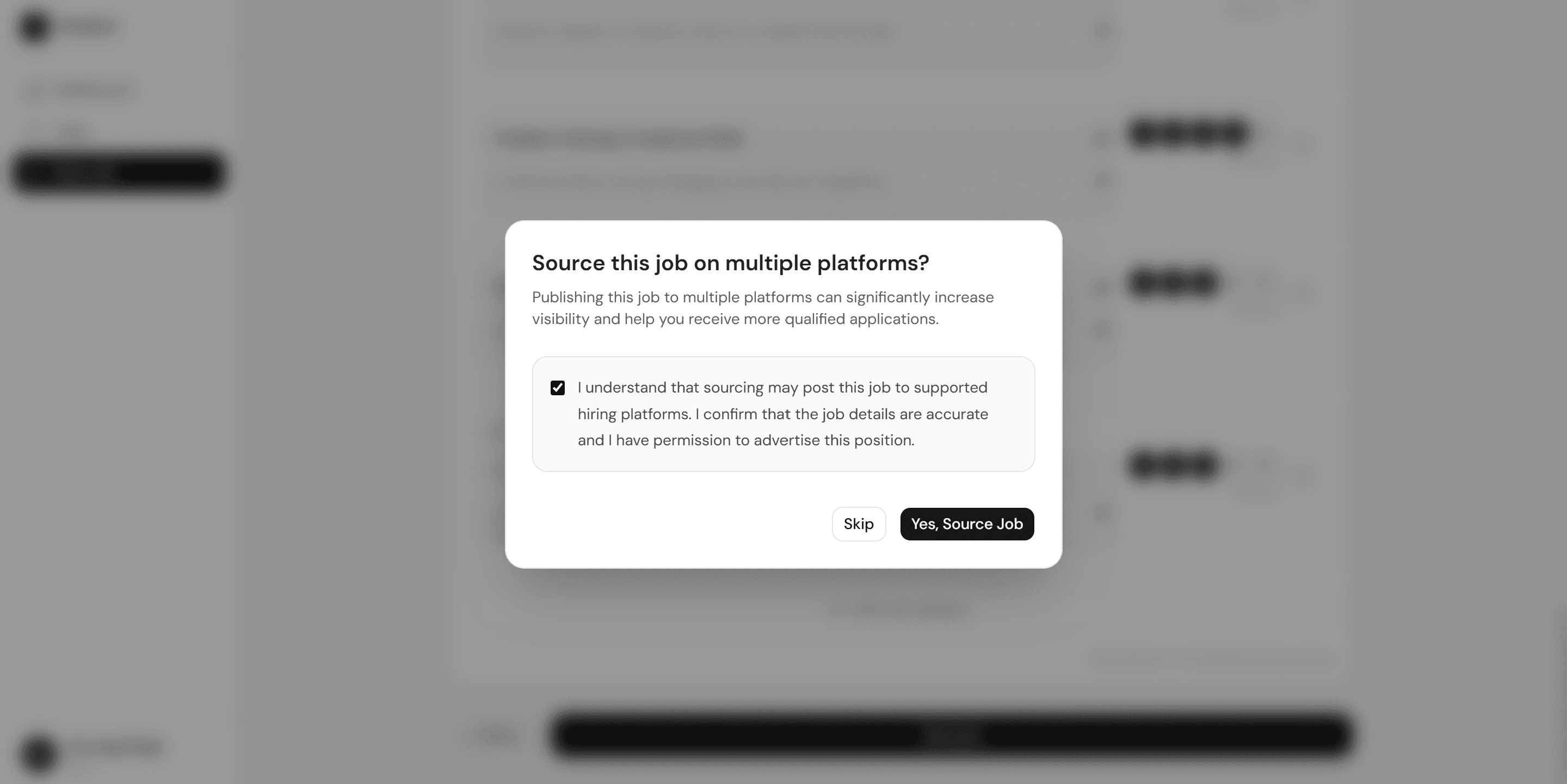 HireSort automated job posting confirmation modal